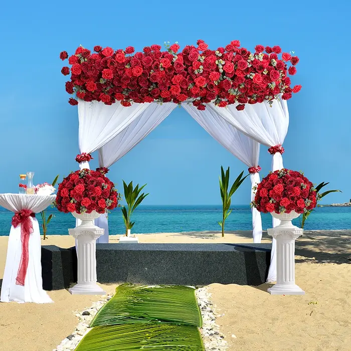 A8114 bordeaux rouge Rose vert feuille d'eucalyptus arc de mariage arrangement de rangée florale centre de Table