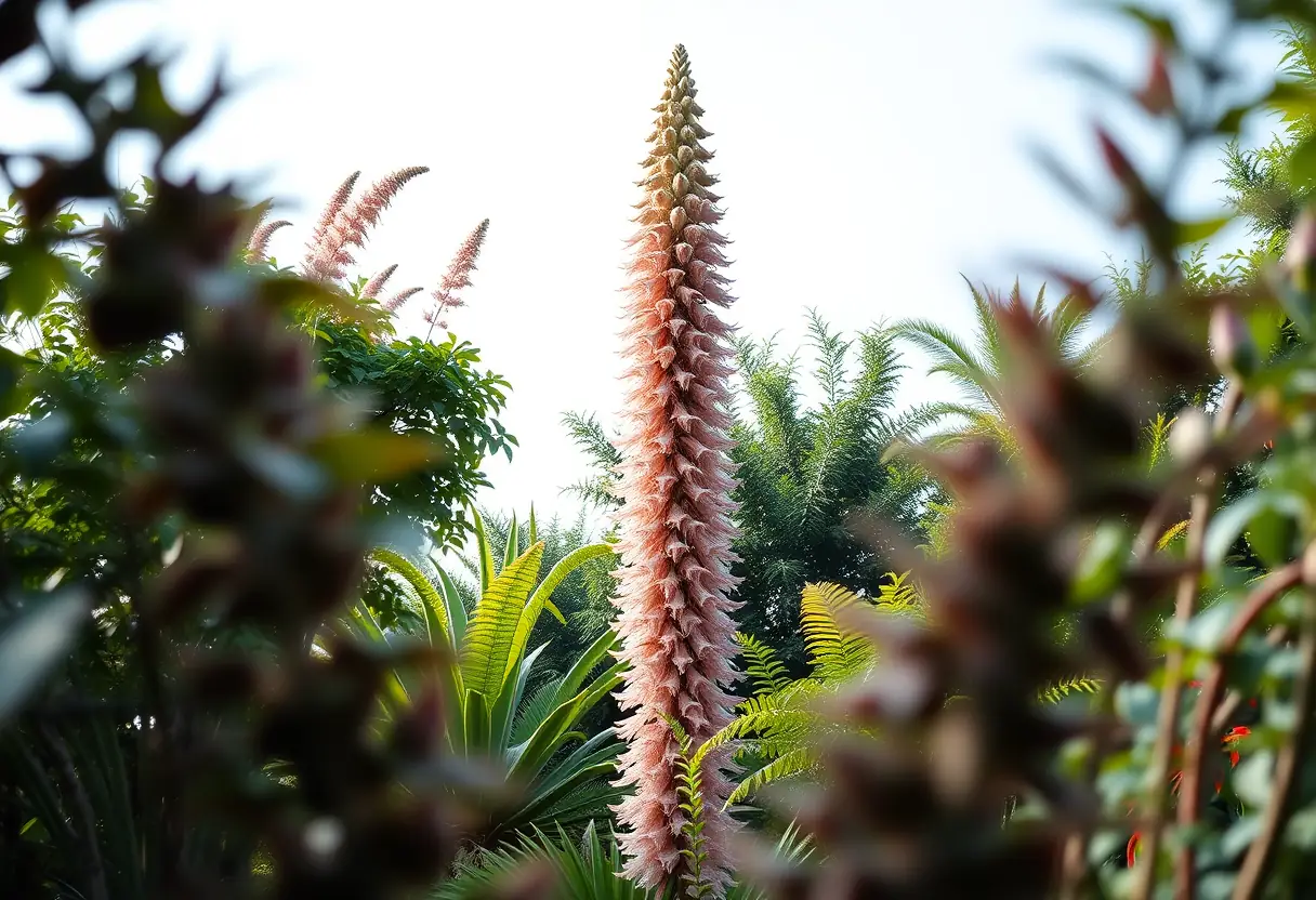 Dans un jardin botanique, l'acanthus domine les autres plantes, atteignant jusqu'à 3 mètres de hauteur