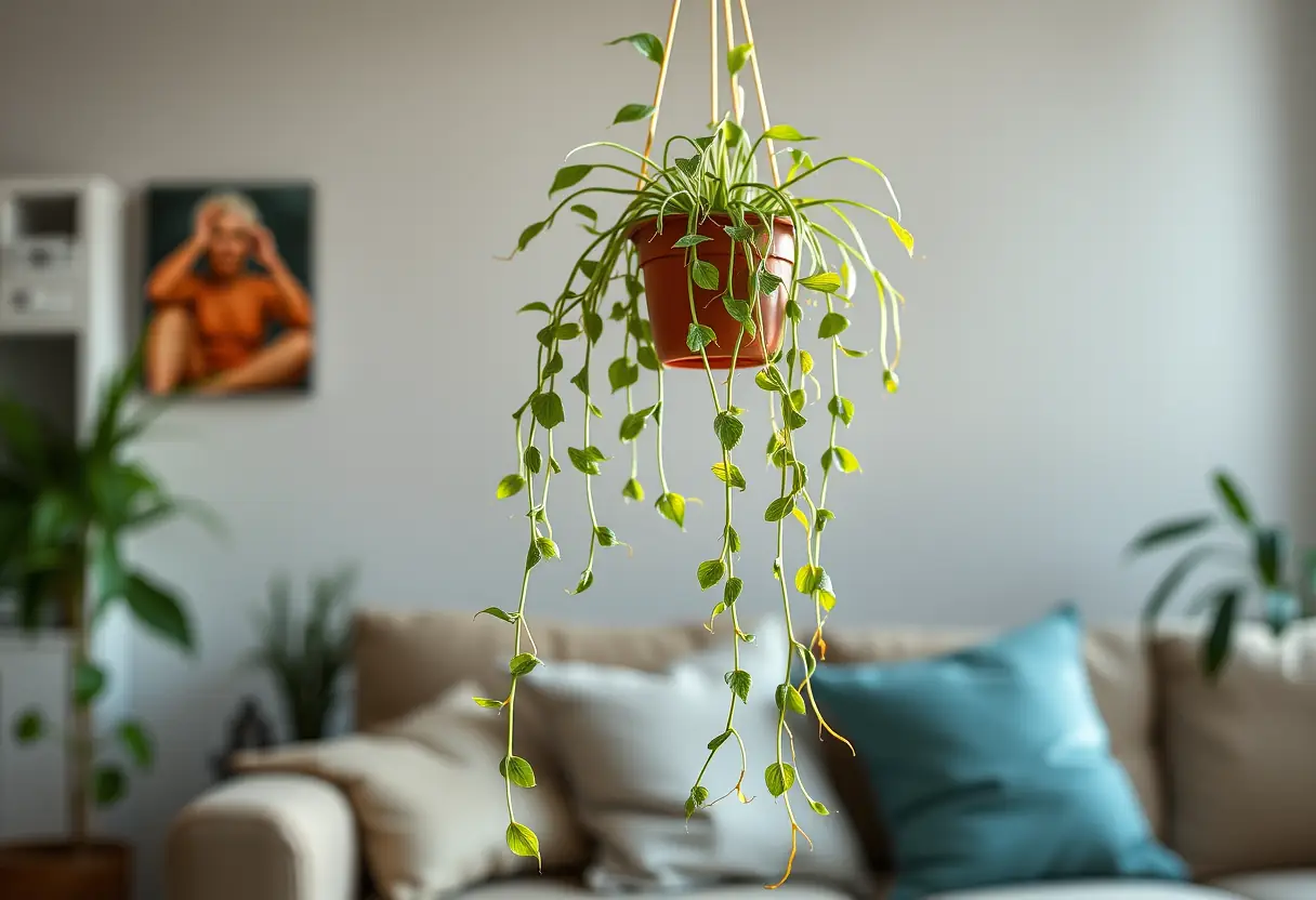 Plante araignée dans un salon, ses feuilles brillant sous la lumière du matin