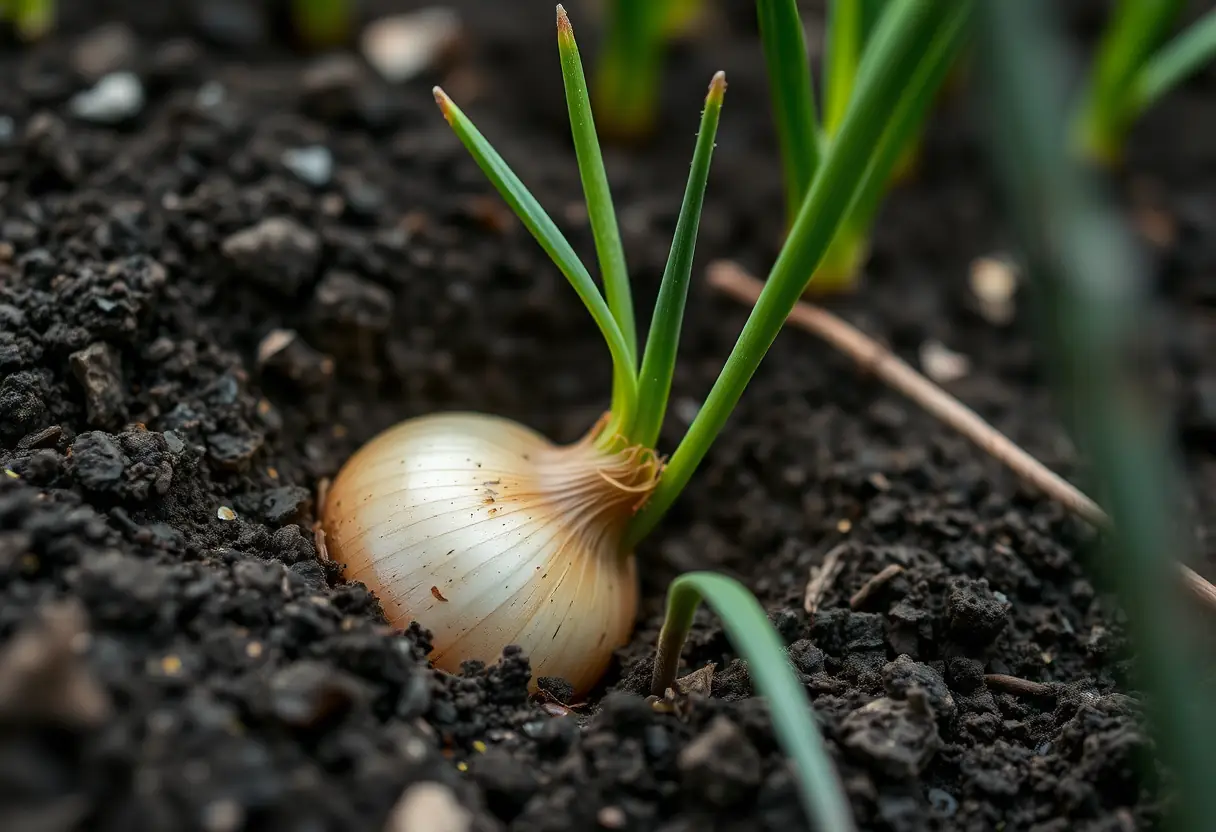 Gros plan d'un bulbe d'oignon entouré de jeunes pousses vertes dans un jardin