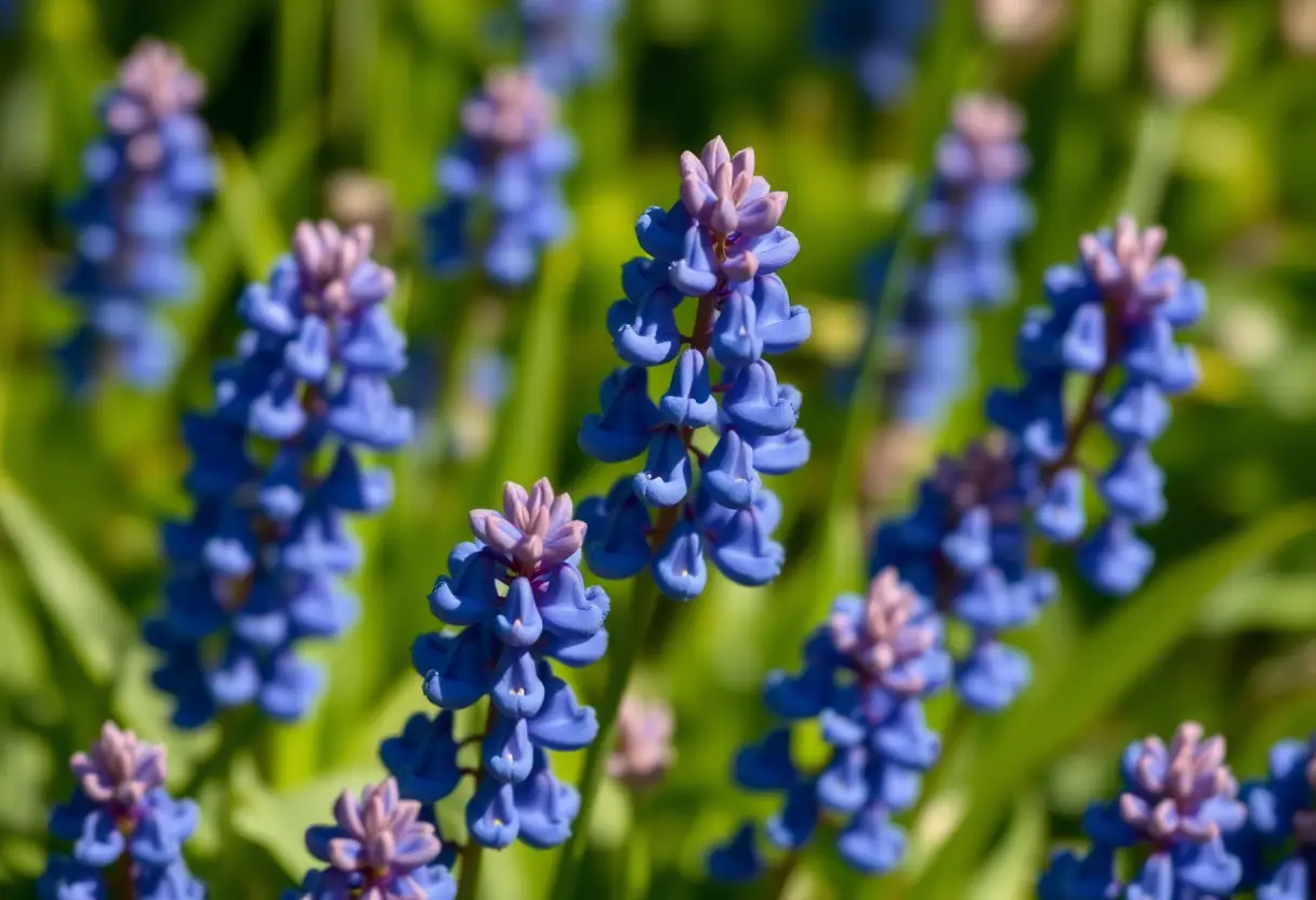 Un bouquet de fleurs de lupin bleu contre un feuillage vert