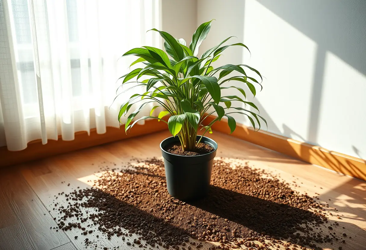 Vue d'ensemble d'un salon avec une plante araignée dans un coin, entourée de marc de café