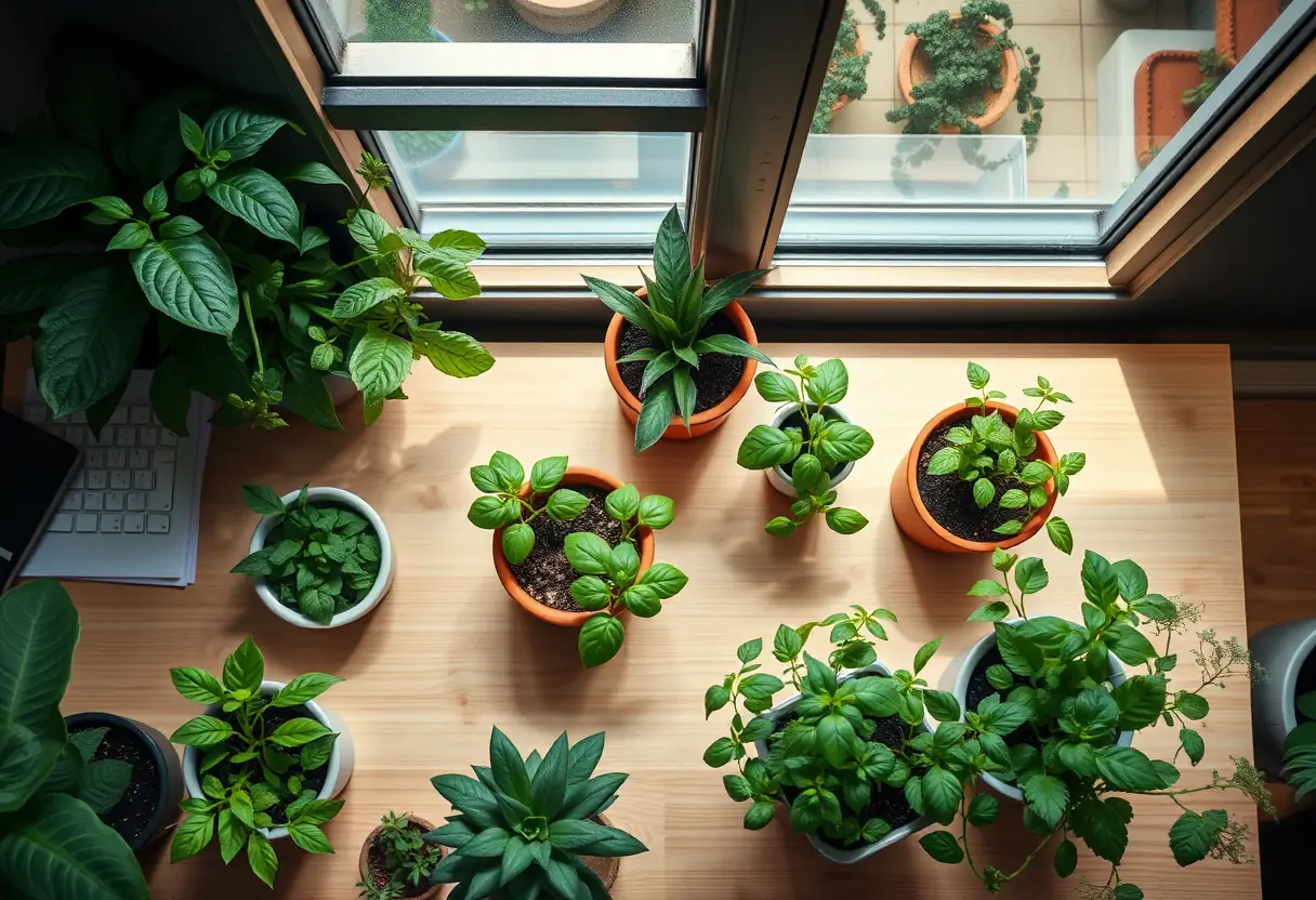 Vue d'ensemble d'une variété de plantes d'intérieur disposées sur un bureau, y compris une petite plante de basilic dans un pot en terre cuite, sous une verrière, créant une atmosphère naturelle et apaisante
