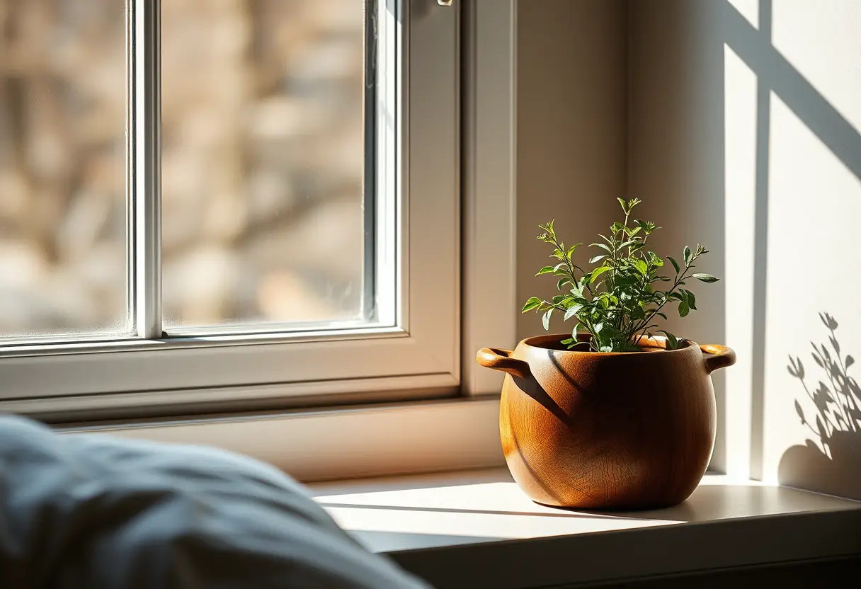Pot en bois avec herbe aromatique dans une chambre à coucher