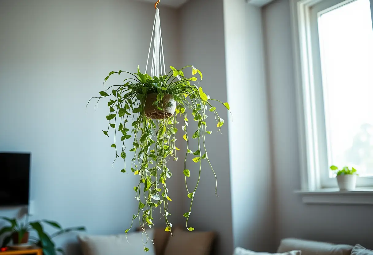 Une plante araignée pend au plafond dans un coin de salon